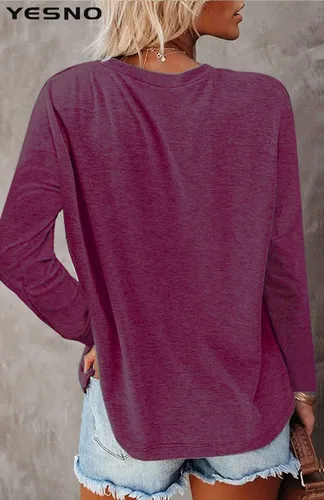 Vista 3 de YESNO TY2 - Camisas de manga larga sueltas para mujer, cuello redondo, color liso, sudaderas con bolsillo