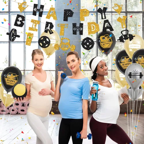 Vista 7 de KEFAN Decoraciones de fiesta de cumpleaños de gimnasio, suministros de fiesta temática de fitness negro y dorado con globos de látex, decoración