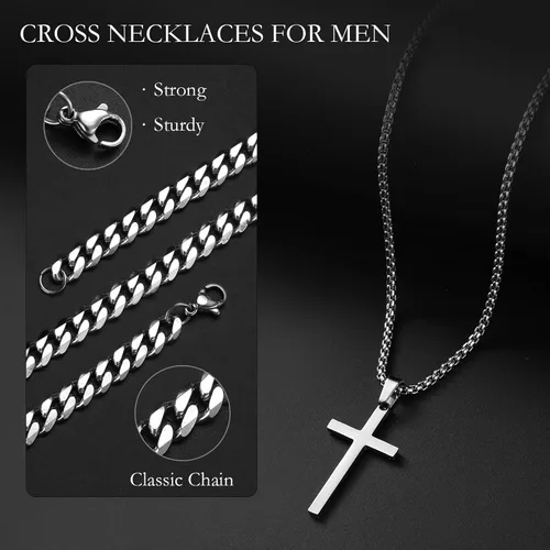 Vista 4 de Collar de cruz para hombre, collar con colgante de cruz en capas de acero inoxidable dorado, negro y plateado, regalo de joyería, cadena cubana
