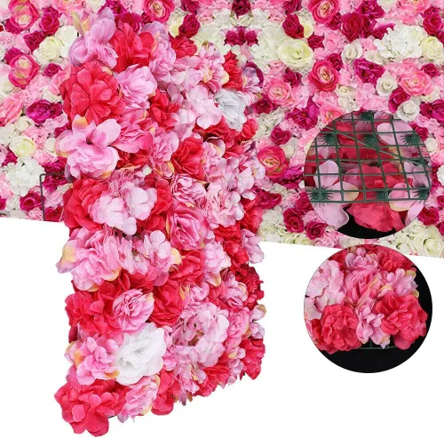 Vista 2 de 12 paneles de rosas artificiales de seda, panel de terciopelo con hortensias, decoración de telón de fondo para boda, banquete, despedida