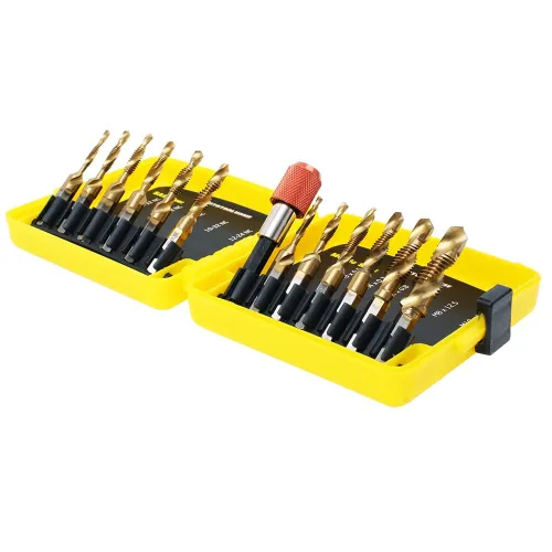 Vista 4 de Juego de brocas combinadas de titanio, 13 piezas, SAE y métricas, kit de brocas para roscas de tornillo, roscado, desbarbado, avellanado