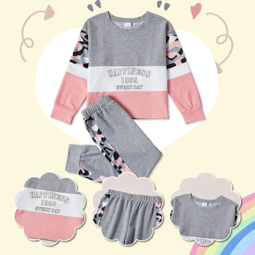 Vista 2 de PATPAT Conjunto de 2 piezas para niñas, camiseta de bloque de color de leopardo, camiseta de cuello redondo, leggings negros, pantalones deportivos