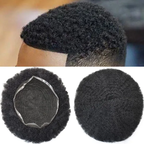 Vista 16 de Afro Toupee For Black Men Black Human Hair Mens Toupee Full Lace Hairpiece African American Wavy Kinky Hair System For Men 2MM Afro Wavy-#1 Jet Black