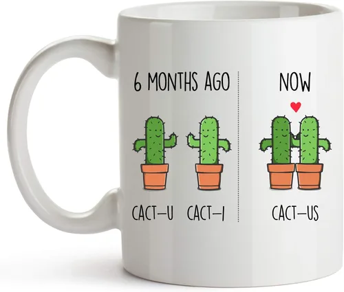 Vista 7 de YouNique Designs Taza de 6 meses, 11 onzas, Divertido 6 Taza de café de meses para novio y novia, Taza de aniversario de citas (mango negro)