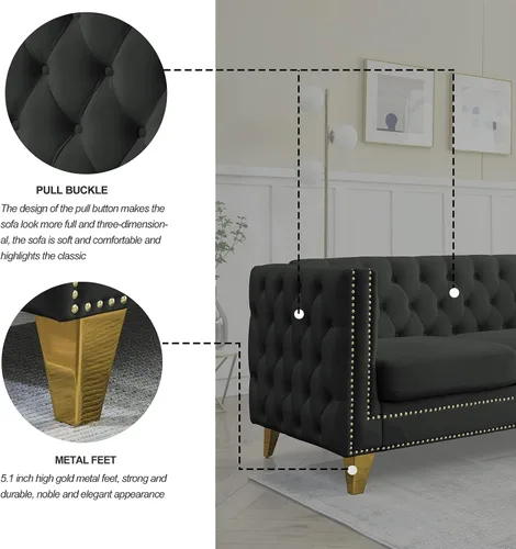 Vista 9 de Modern 3 Seater Couch Black Velvet Sofa Upholstered Button Tufted Nailhead Trim, Square Arm Loveseat Sofa, Sturdy Golden Metal Legs, 80.5'' Couch
