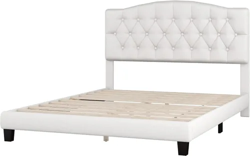 Vista 5 de DSHADE Base de cama Queen con plataforma tapizada de lino moderno, base de cama de madera maciza beige con cabecero, detalles capitoné de diamante