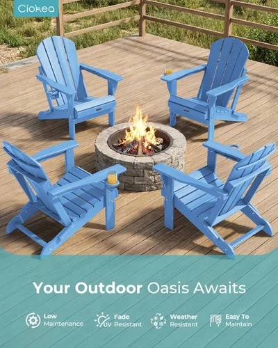 Vista 3 de Ciokea Silla Adirondack plegable con textura de madera, silla Adirondack para patio, resistente a la intemperie, silla de plástico para hoguera