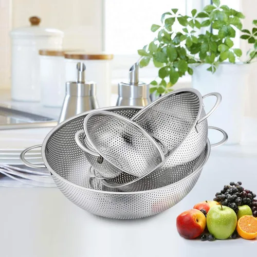 Vista 2 de P&P CHEF Colador de 3 coladores microperforados de acero inoxidable para drenar y enjuagar, ideal para pasta, verduras, frutas, resistente y apto