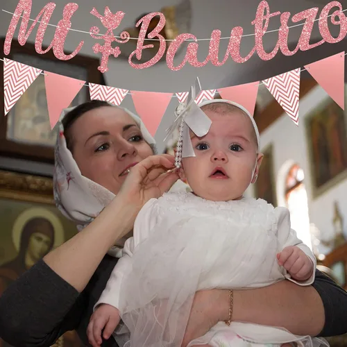 Vista 7 de Mi Bautizo Banner para pastel con purpurina cruzada triangular, pancarta de bautizo rosa, telón de fondo para decoración de primera comunión