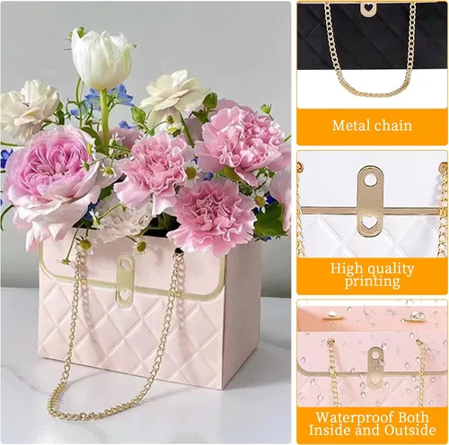 Vista 3 de Caja de regalo de papel de flores con cadena de metal, 6 unidades, cubo de almacenamiento de ramos, bolsa de floristería con asa, estuche de regalo