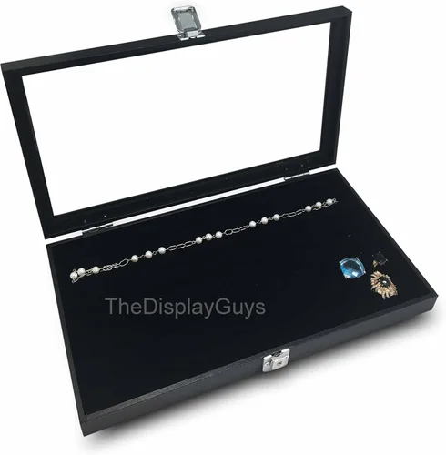 Vista 4 de Caja de reloj de madera con cerradura con ventana de cristal en la parte superior, vitrina organizadora F o anillos, pulsera, collar, pendientes