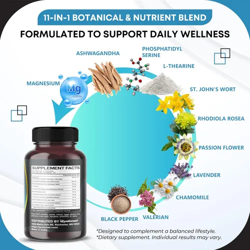 Vista 4 de CORTISOL Wellness Magnesio Ashwagandha L-Teanina Fosfatidilserina Rhodiola Rosea Passionflower Lavanda Manzanilla -150 Cápsulas