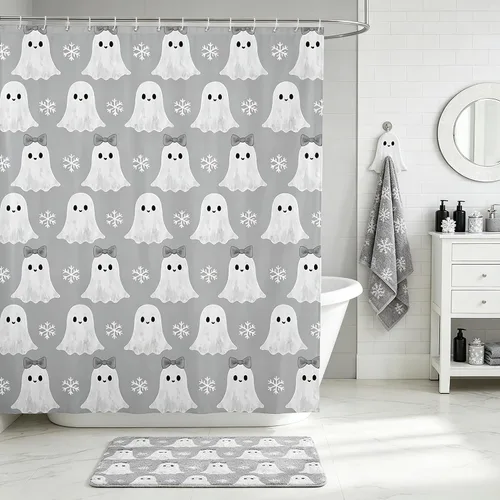 Vista 23 de Happy Halloween Shower Curtain,Bowknot Snowflake Pattern Bathroom Curtains,Sweet Ghost Holiday Theme Waterproof Bath Curtain,Black Bathroom Curtains