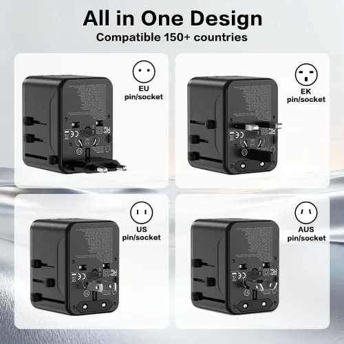Vista 3 de Adaptador de viaje universal, adaptador de corriente internacional GaN de 70 W con 3 puertos USB C y 1 USB A de carga rápida, cargador de pared PD