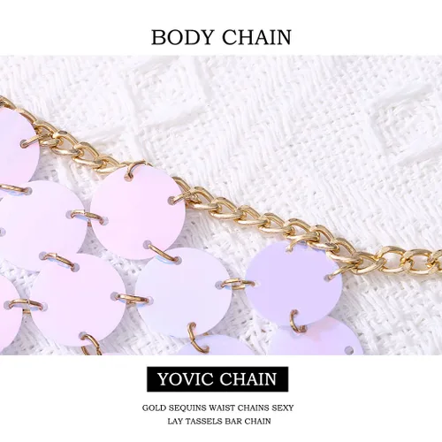 Vista 4 de Yovic Cadena de cuerpo bohemio con lentejuelas doradas, cadenas de cintura sexy con borlas, cadena de barra de borla para rave, club nocturno