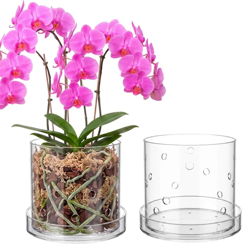 Vista 12 de Maceta de orquídea acrílica transparente de 4 pulgadas con agujeros redondos de 360° y bandeja