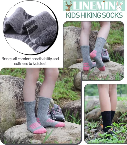 Vista 3 de LINEMIN Calcetines de senderismo de lana merino para niños y niñas, cálidos, gruesos, térmicos, acolchados, para invierno, 6 pares