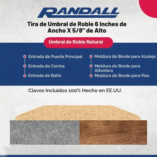 Vista 2 de Umbral de roble sin terminar de 6 pulgadas de ancho x 5/8 pulgadas de alto - Tira de transición de puerta de madera maciza duradera, teñida, parte