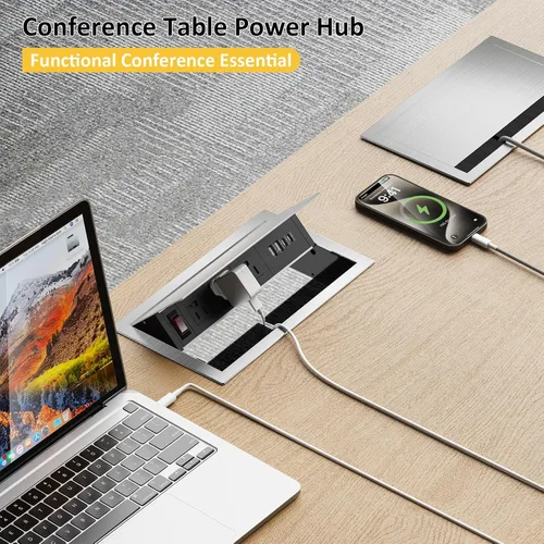 Vista 6 de Kungfuking Regleta de alimentación empotrable con USB C PD 30W, mesa de conferencias, caja de conectividad giratoria con interruptor y carcasa