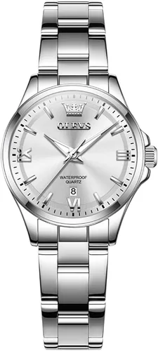 Vista 10 de OLEVS - Relojes de acero inoxidable para mujer, reloj de plata de lujo para damas con fecha, relojes analógicos de cuarzo impermeables y delicados