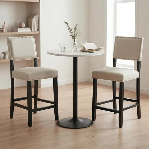 Vista 7 de LSSBOUGHT Taburete de bar tapizado de tela de lino con patas de madera de goma, silla de bar con ribete clavado para isla de cocina