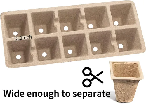 Vista 4 de Bandeja de inicio de semillas 100 celdas, macetas de turba biodegradables para plántulas, paquete de 10 vasos cuadrados de pulpa de 1.8 pulgadas