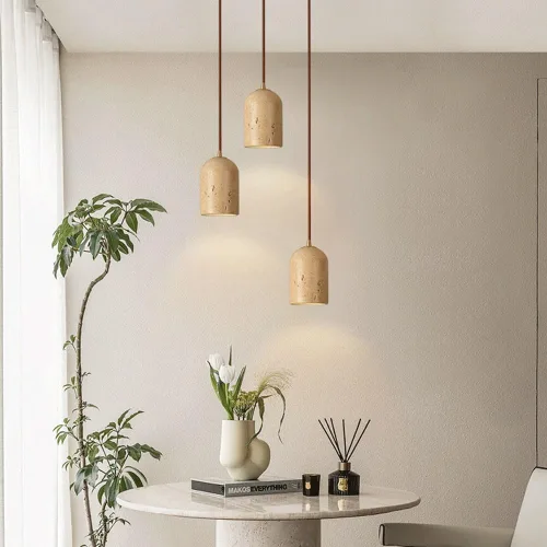 Vista 3 de Mini lámpara de isla de cocina, lámpara colgante de techo de cúpula de madera japonesa Wabi-Sabi con pantalla de travertino amarillo, lámpara