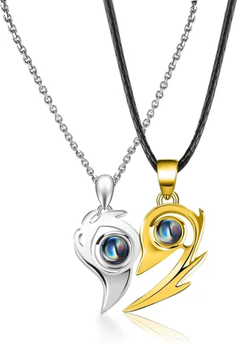 Vista 4 de Hurykte Collares magnéticos en forma de corazón, collar con colgante de proyección de 100 idiomas para parejas, regalo de San Valentín