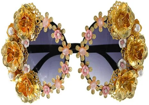 Vista 7 de Colygamala Gafas de sol barrocas de lujo con diseño de flores de metal para mujer, con estuche