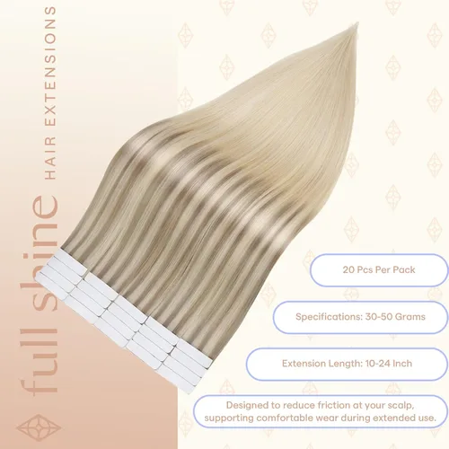 Vista 70 de Full Shine - Extensiones de cabello humano con cinta, mezcla de rubio hongo # 8 castaño ceniza resaltado 60 rubio ceniza
