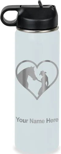 Vista 40 de LaserGram Botella de agua personalizada, corazón de vaquera de caballo, acero inoxidable de doble pared aislada al vacío con popote superior, regalo