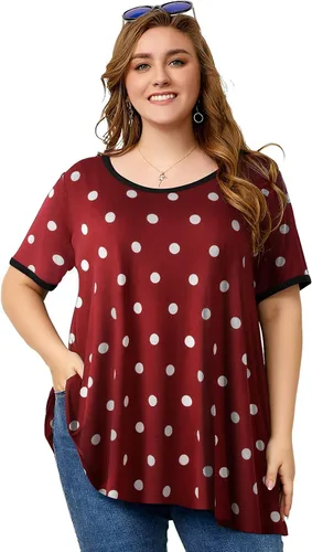 Vista 3 de OVERWORETY Túnicas de manga corta de talla grande para mujer, holgadas, casuales, con vuelo