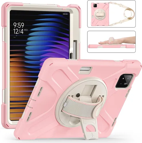 Vista 23 de Funda para Xiaomi Mi Pad 6/Mi Pad 6 Pro, funda resistente a prueba de golpes de 11 pulgadas, soporte giratorio 360, correa de mano, correa de rosado