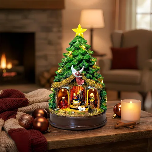 Vista 5 de Árbol de Navidad Iluminado y Animado Escena de Natividad del Pesebre, Figuras Musicales de la Familia de Ángeles con Luz LED que Reproduce Música