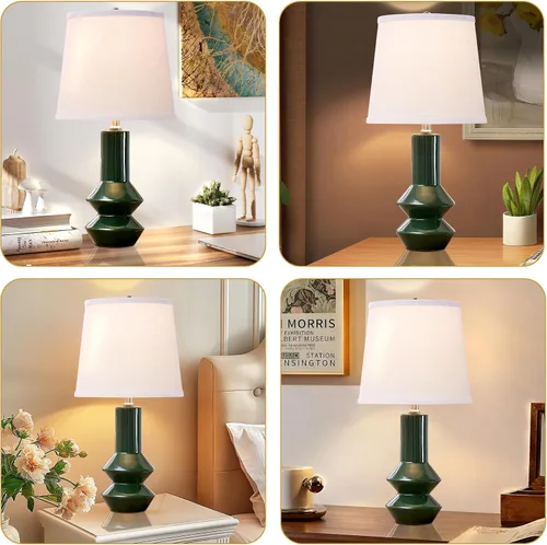 Vista 6 de Juego de 2 lámparas de mesa de cerámica verde oscuro de 20 pulgadas, regulables de 3 vías, modernas lámparas de mesita de noche con pantalla de lino