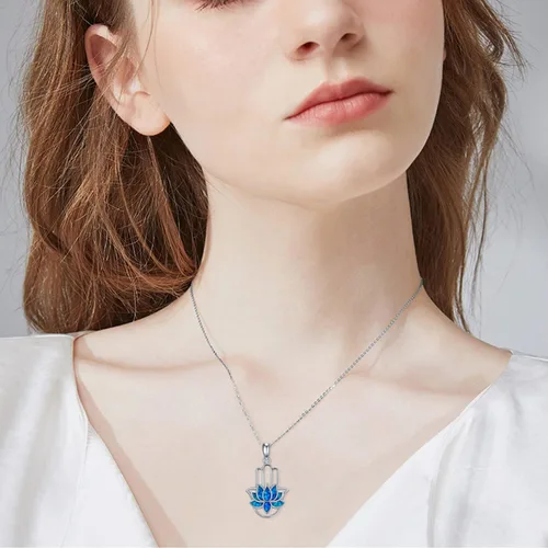 Vista 5 de Hamsa Hand Necklace for Women,925 Sterling Silver Hamsa Lotus Evil Eye Pendant Hand of Fatima Tree Elephant Necklaces,Hamsa Hand of Fatima Amulet