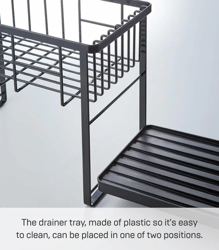 Vista 5 de YAMAZAKI Home Tower - Escurridor de platos ajustable de dos niveles, estante de secado compacto con ganchos, soporte para utensilios, acero