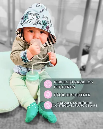 Vista 3 de Biberón anti cólico con pajilla, válvula de pezón integrada y orificio de Verde