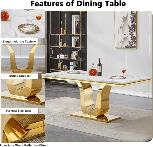 Vista 5 de Juego de mesa de comedor de mármol sintético de oro blanco de 70 pulgadas para 4, 5 piezas rectangulares de cocina y comedor con base de acero