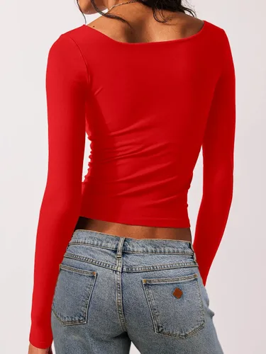 Vista 2 de Dwnval Camiseta corta sexy de manga larga para mujer, cuello cuadrado, doble forro, básica, ajustada