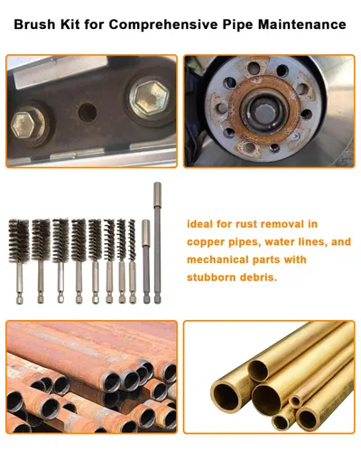 Vista 5 de Cepillo de alambre de acero inoxidable para taladro, accesorio redondo largo para limpiar el óxido 10Pcs Stainless Steel & Brass Wire Brush Set 8