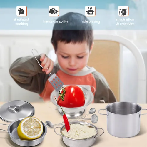 Vista 3 de Utensilios de cocina en miniatura, juguetes de cocina de juego de simulación, juego de cocina de acero inoxidable, juguetes de juego Montessori