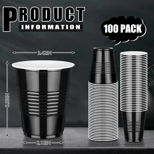 Vista 5 de Paquete de 100 vasos desechables de plástico negro de 12 onzas, vasos resistentes para beber para degustación de cerveza servir aperitivos