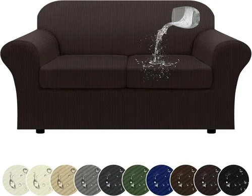 Vista 25 de Funda impermeable para silla con brazos, juego de 2 piezas, funda a rayas para 1 sofá separado con cojín en T, fundas de sillón de tela