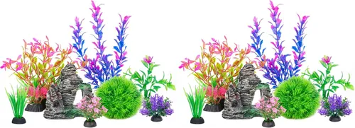 Vista 10 de Ameliade Plantas Artificiales de Plástico para Acuario Decoraciones y Conjunto de Decoración de Cueva de Roca Accesorios para Pecera de Pez Dorado