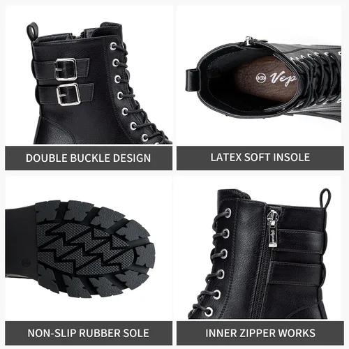 Vista 3 de Vepose Botas de combate para mujer, botines de plataforma con cordones y tacón grueso con cremallera
