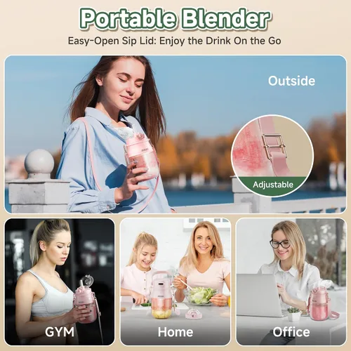 Vista 5 de Licuadora Portátil, Licuadoras Personales Prasky para Batidos y Smoothies con Taza de 27 onzas, Tapa y Correa para el Hombro, Recargable por USB