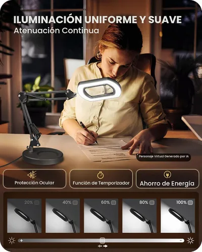 Vista 3 de Lupa redonda de 10 veces con luz y soporte, lámpara de escritorio con luz LED 2 en 1 y abrazadera, 5 modos de color regulable continuo, lámpara