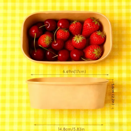 Vista 2 de Paquete de 50 recipientes de papel de 25 onzas con tapas, recipientes desechables para alimentos, cuencos de papel rectangulares marrones con tapas