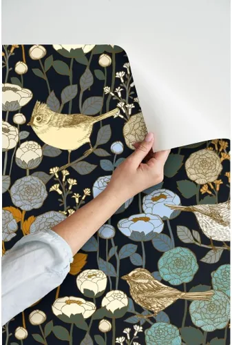 Vista 3 de Papel tapiz para despegar y pegar, diseño de pájaros negros con diseño de jardín de invierno, diseño de pájaros negros y oscuro, papel tapiz